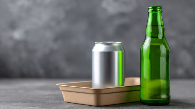 A green glass bottle and a silver can of soda are in the foreground, with a cardboard tray behind them on a gray surface. The background is blurred out