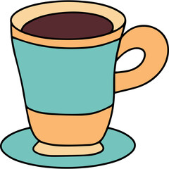 A stylized cartoon illustration of a teal and orange coffee cup with a dark brown beverage on a matching saucer isolated on a transparent background