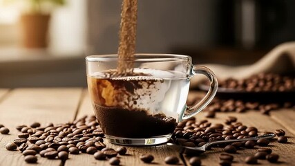 A captivating close-up shot of ground coffee gently cascading into a clear glass mug filled with water, creating an inviting swirl as it begins to dissolve. The rich, dark coffee contrasts beautifully