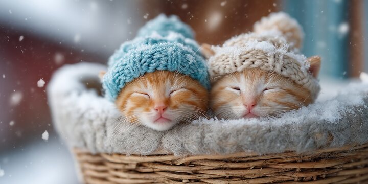 Two adorable kittens in gray and red knitted pom-pom hats sitting in wicker basket with snow falling outside window. Cute winter pet portrait, cozy festive holiday vibe full of innocence and warmth.
