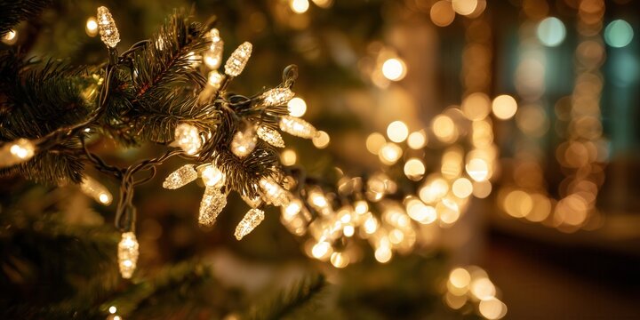 Colorful string of Christmas lights glowing warmly in dark, shallow depth of field. Celebration, nostalgia and warmth of holiday evenings in soft focus.