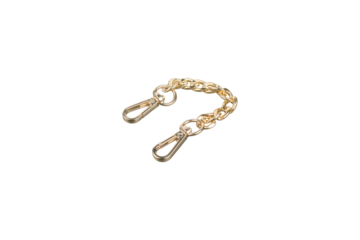 Short gold metal chain strap with two swivel snap hooks is isolated.