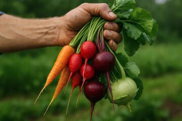 A person’s hand holding a bunch of fresh, vibrant vegetables including carrots, radishes, beets, and kohlrabi, with droplets of water, set against a green, farm-like background