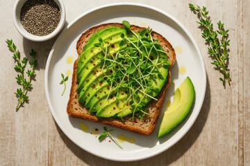 A healthy avocado toast with sliced avocado, microgreens, and a drizzle of olive oil, served on whole grain toast with a slice of fresh avocado and a sprinkle of chili flakes