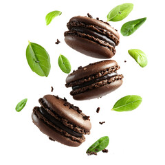 Gourmet Chocolate Macarons Falling in Green Light