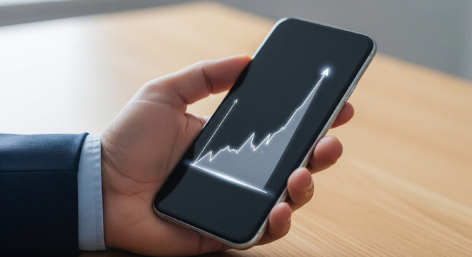 Confident businessman reviews upward trending financial graph on smartphone screen visualizing growth and success