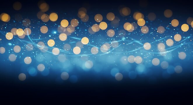 Abstract blue background with glowing golden bokeh lights and swirling light trails, evoking a sense of magic and wonder