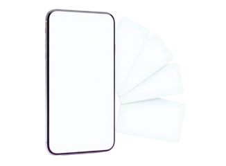 Blank white smartphone screen and three paper notes isolated on transparent background