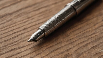 Close up of a luxurious metal fountain pen resting on a textured wooden surface.