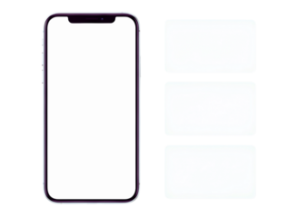 Modern smartphone mockup with three blank cards isolated on transparent background