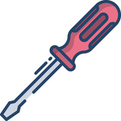 A stylized flat icon of a red and blue screwdriver with a transparent background suitable for use in various design projects