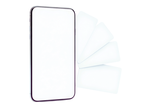 Blank white smartphone screen and three paper notes isolated on transparent background