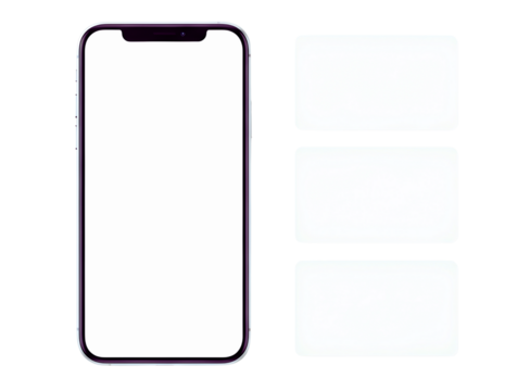 Modern smartphone mockup with three blank cards isolated on transparent background