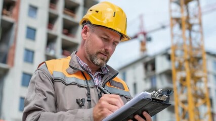 Construction Oversight: An attentive construction worker, wearing a hard hat, meticulously inspects and documents details on a clipboard amid an active construction site. - Powered by Adobe