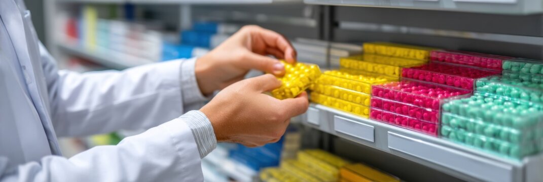 Pharmacist Organizes Colorful Pill Boxes on Retail Shelf for Efficient Customer Access in a Modern Pharmacy