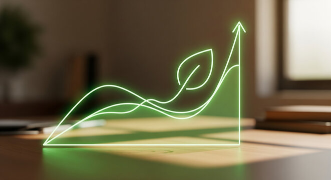 Vibrant green neon graph with leaf motif shows upward trend and growth, symbolizing sustainability and success in business.