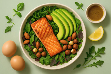 A healthy salad with grilled salmon, avocado slices, mixed greens, almonds, hazelnuts, and a lemon wedge, served with a side of homemade dressing and fresh eggs