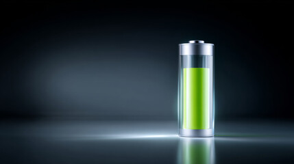 A battery with a green charge indicator is shown against a dark background