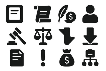 Ancient Debt Forgiveness Icons. Solid style icons of ancient debt forgiveness laws: tablet, scroll, quill, coin, human silhouette,