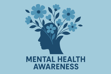 Mental Health Bloom. Minimal vector poster promoting mental health awareness, calm blue tones, abstract human head silhouette with