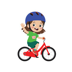Happy little girl riding yellow bicycle wearing safety helmet, cheerful child cartoon character illustration, kids outdoor activity and fun concept