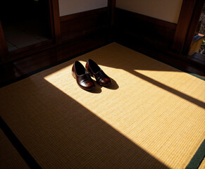 Brown shoes placed on tatami mat in sunlight, concept of Coming of Age Day  