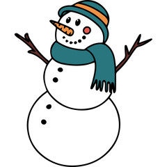 A Festive Cartoon Snowman Wearing a Blue Scarf and Orange Hat with Stick Arms and Carrot Nose Standing Against a Transparent Background