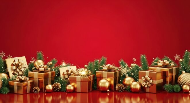 Vibrant red background with a bottom border of gold gifts, pine, and Christmas decorations