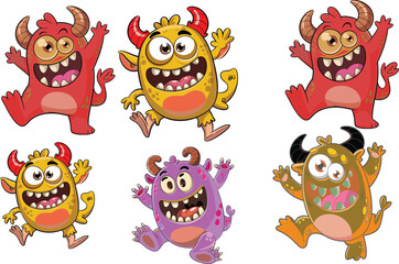 Cheerful yellow cartoon monster with big eyes and horns jumping with happiness, funny smiling creature character, playful cute mascot illustration