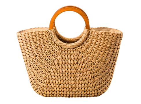 Woven straw tote bag with wooden handles isolated on transparent background