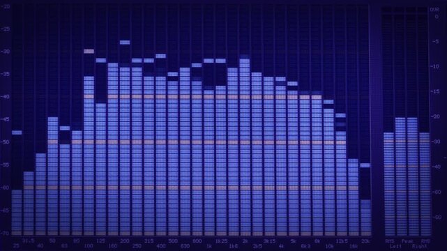 Audio equalizer displaying sound frequency spectrum on dark screen. Digital audio equalizer visualizing music frequencies and sound volume levels. Full frame, close up shot