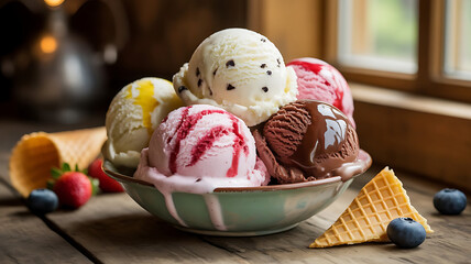 Ice Cream Extravaganza: A tantalizing array of scoops, colors, and flavors spills from a ceramic bowl, promising a refreshing treat.