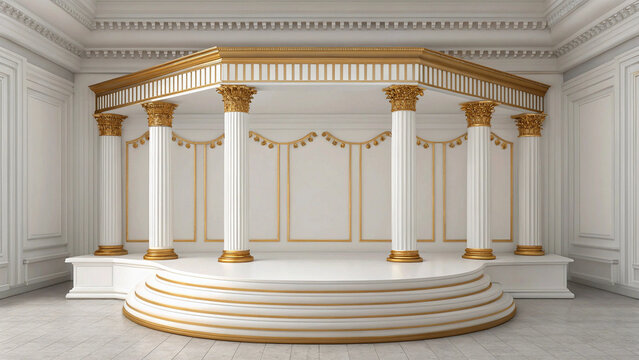 Ornate white stage with gold trim and columns theatre - Powered by Adobe