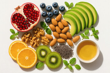 A vibrant assortment of healthy foods, including pomegranate, avocado, kiwi, almonds, walnuts, blueberries, orange slices, chia seeds, and honey