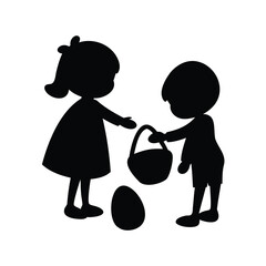 Silhouetted girl and boy exchanging a filled Easter basket with egg