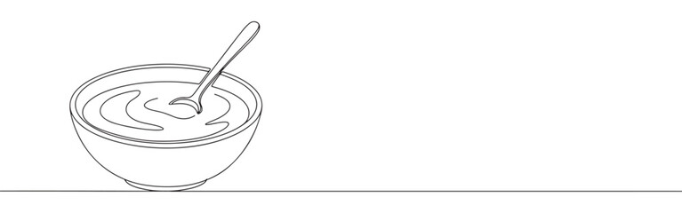 Continuous one line drawing of a bowl with a spoon. Concept of food, eating and healthy lifestyle