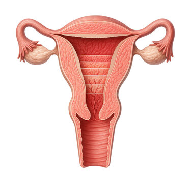 Cross-section diagram of the uterus showing endometrial layers and myometrium.