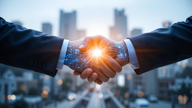 Two Businessmen Shaking Hands with Digital Circuit Board Overlay and Bright Flare Against Blurred Modern City Skyline, Ideal for Technology Partnership, AI Integration, and Future Business Concepts - Powered by Adobe