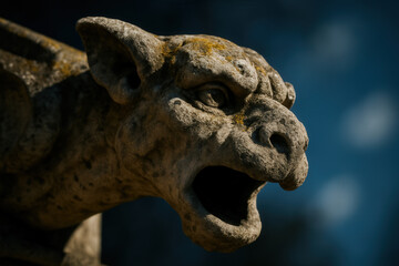 Fototapeta premium Weathered Stone Gargoyle Waterspout Sculpture Detail Against Sky