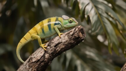 Vibrant Panther Chameleon Perched on a Tree Branch in a Lush Green Environment.