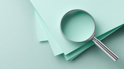 A magnifying glass on top of a stack of papers, looking through the middle paper in an attempt to see something that is not visible from this angle