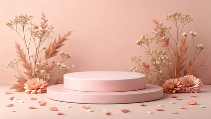 Pink podium with dried flowers and petals stage display