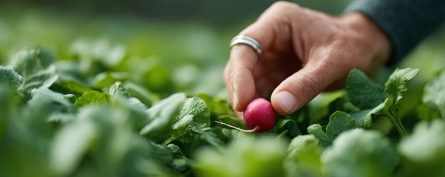 Closeup of a hand picking a fresh radish from a lush green field. Symbolizes organic farming, healthy eating, sustainable lifestyle, and the beauty of nature.