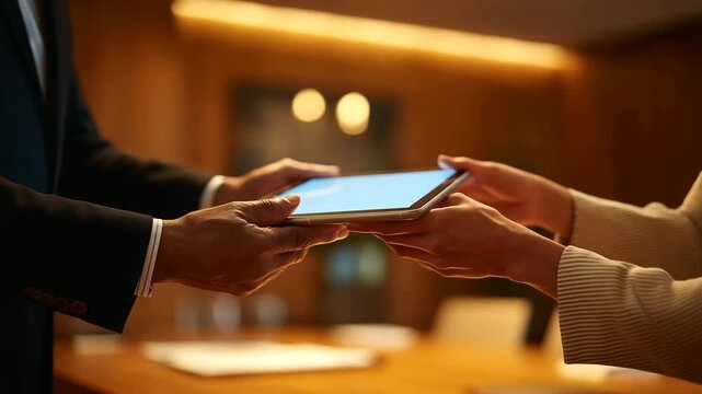 Faceless hands presenting a tablet across a table to another person second pair of hands just entering frame boardroom wall art defocused warm practical lighting top area clean