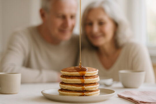 Warm Maple Syrup Drizzling Over Fluffy Pancake Stack With Senior Couple