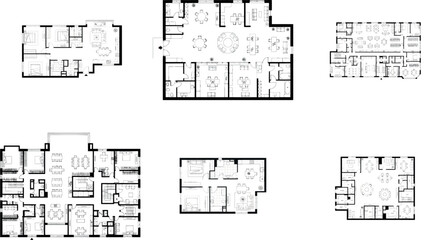 Compilation of six architectural floor plans for residential units