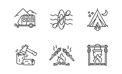 Set of Camping and Trekking icon, Marshmallow and Camper, Kayak and Tent, outdoor adventure thin line and pixel Symbol Outline icon Editable Stroke