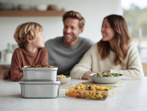 Happy family meal prepping healthy food in reusable containers in a bright, modern kitchen. Sustainable living, mindful eating, and love are reflected. - Powered by Adobe