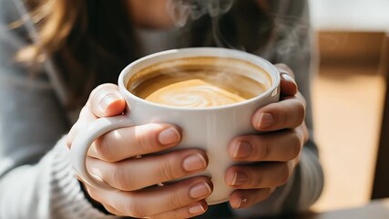 A close-up shot captures hands gently cradling a white ceramic mug, from which steam gracefully rises, indicating a hot, comforting beverage. The creamy surface of the drink, possibly coffee or a latt - Powered by Adobe