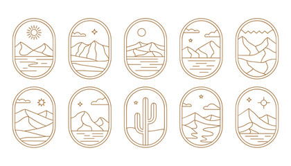 Ten minimalist desert landscape line art icons with sun mountains water and cactus vector © Tania